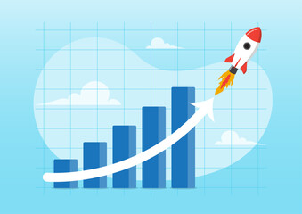 financial report graph with exponential arrow from flying rocket