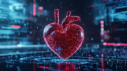 Digital heart surrounded by floating tech devices and holograms