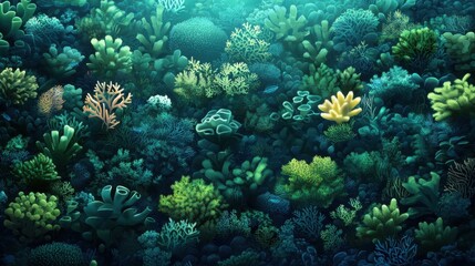 Obraz premium A vibrant underwater scene showcasing diverse coral species, teeming with life and rich textures in shades of green and blue.