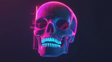 Neon Blue and Pink Wireframe Skull Design with Abstract Elements