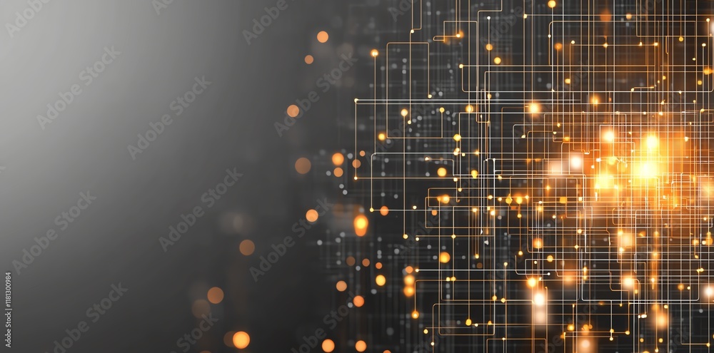 Poster an abstract digital background featuring glowing grid patterns and luminous particles. ideal for tec