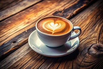 Romantic heart latte art graces a rustic wood table in a cozy cafe, a perfect beverage photography moment.