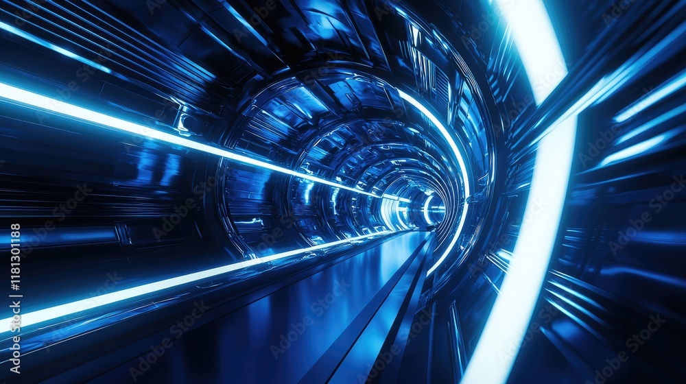 Poster Explore a striking digital landscape showcasing a dynamic flow of glowing lines and abstract patterns in deep blue tones, representing the essence of modern technology an