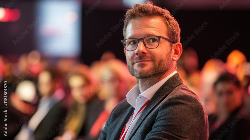 Aufkleber A large audience gathers at a business conference featuring prominent speakers on stage, creating an engaging atmosphere perfect for professional exchange and networking