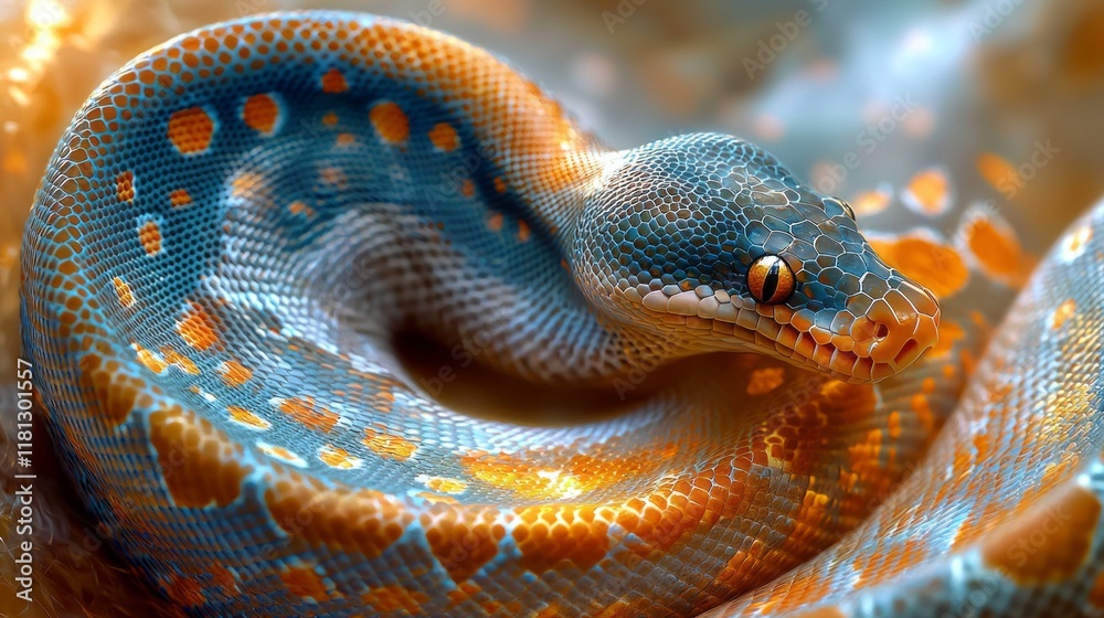 Poster A ball python gracefully curls its body, revealing a mesmerizing pattern of blues and oranges. The intricate scales shimmer gently in soft light, highlighting its unique beauty and charm