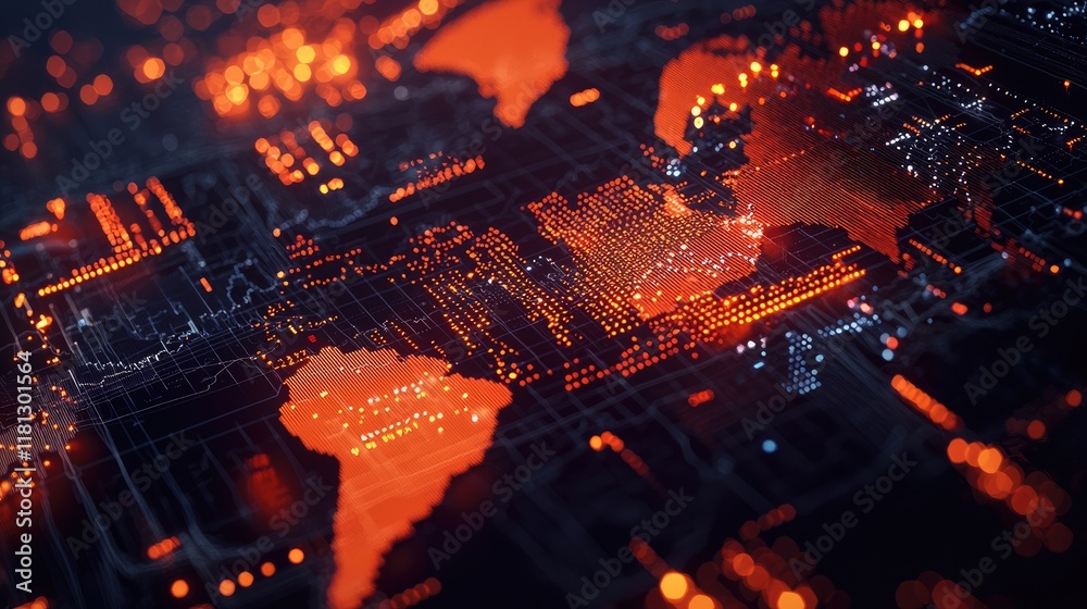 Poster dynamic digital visualization showcasing global financial data through vibrant stock market trends, 