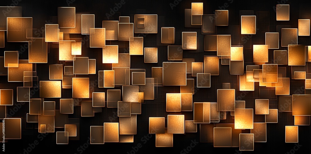 Poster this abstract image features a multitude of illuminated squares in warm tones, creating a visually s