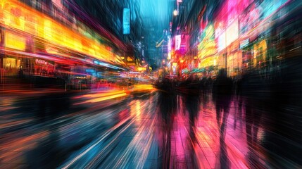 A vibrant city street scene captures the essence of urban life with blurred motion of busy pedestrians. This image reflects the energy and diversity of modern city living