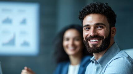 A smiling man with curly hair sits in a modern office, collaborating with a woman in the background, both engaged in a professional atmosphere.
