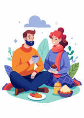 Couple enjoying outdoor picnic, relaxing together with food 