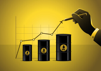 Hand with pencil draw rising composing chart. Oil price