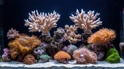 A vibrant coral reef tank showcasing diverse coral species and marine life thriving in a colorful underwater environment.