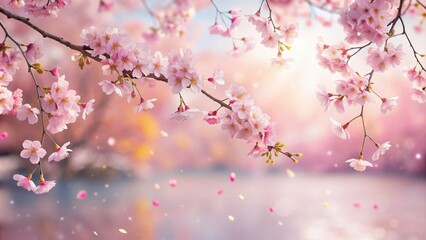 Soft pink sakura petals gently drifting down on a serene Japanese landscape background, cherry blossom branches, nature scene