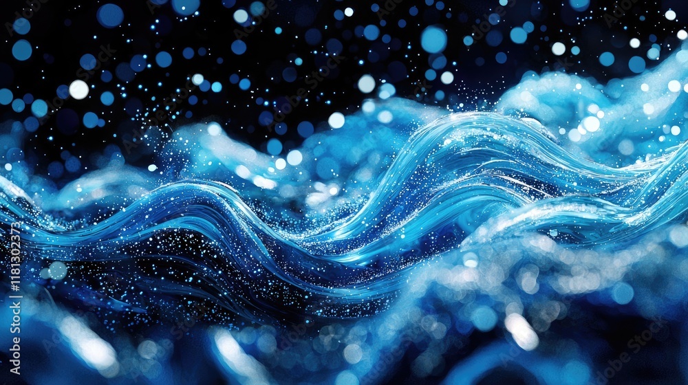 Aufkleber abstract digital artwork featuring flowing blue waves and sparkling dots against a dark background, 