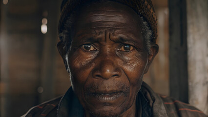 Fototapeta premium Close-up of an old man's face, with a serious expression, looking thoughtfully