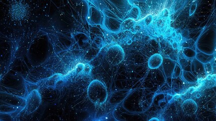 This abstract image features a glowing blue digital background filled with particles and connected lines, symbolizing technology and network concepts in a modern and arti