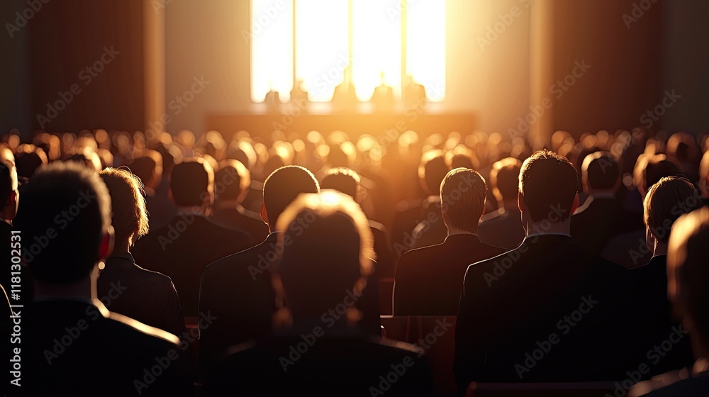 Poster a dynamic business seminar showcasing an engaged audience attentively listening to a speaker in a mo