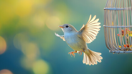 Obraz premium Picture of Bird flies out of the cage. freedom concept.