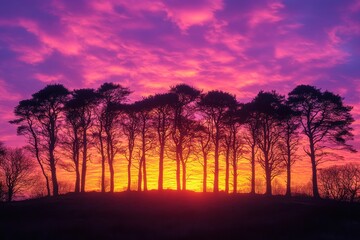 Fototapeta premium Vibrant sunset with silhouettes of trees against a colorful sky