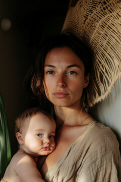 An intimate moment captured between a mother and her baby, showcasing warmth and love, surrounded by natural textures, emphasizing the beauty of motherhood and connection.