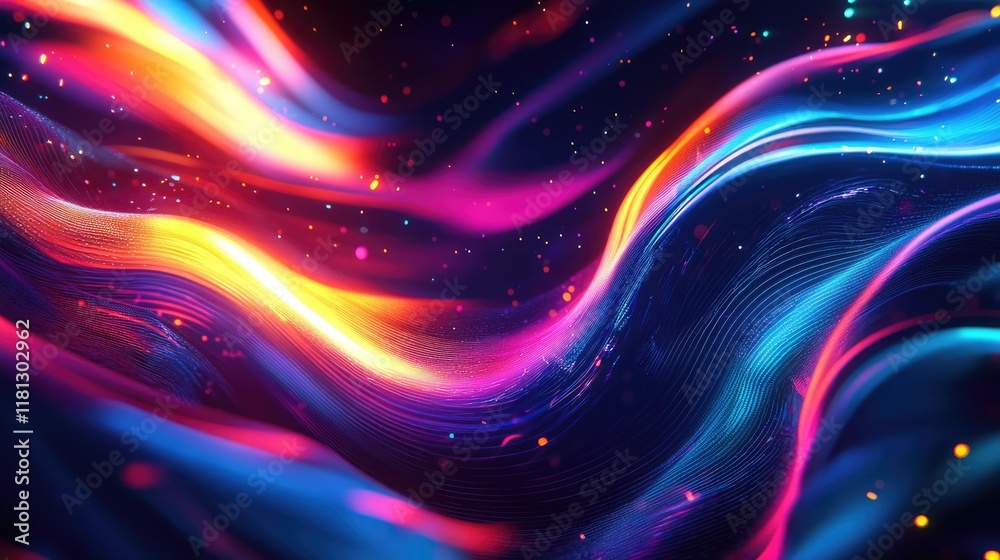 Poster Explore a vibrant abstract visualization featuring colorful graphs and waveform elements that symbolize financial trends and dynamic data analysis in an innovative design