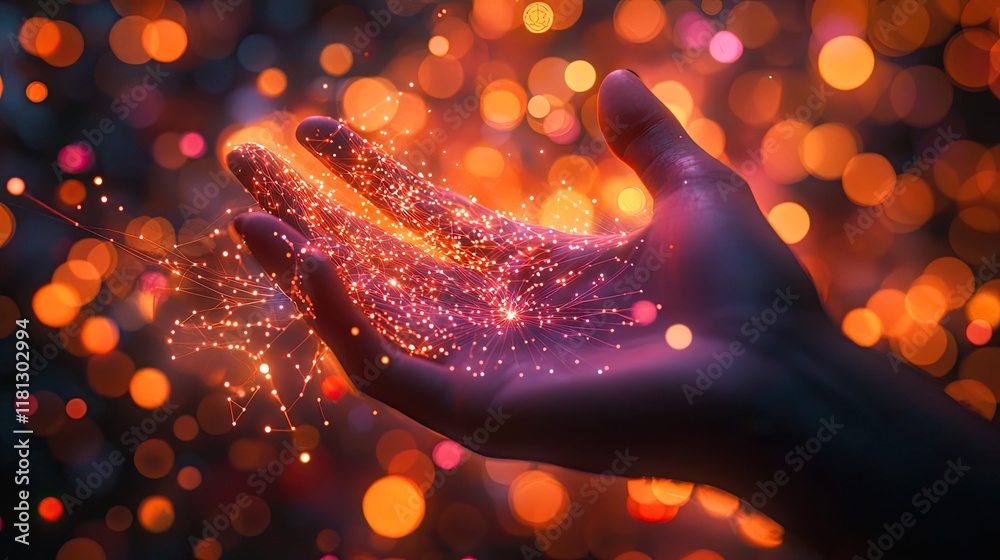 Poster a hand reaches out to an abstract display of digital connections and light particles, symbolizing te