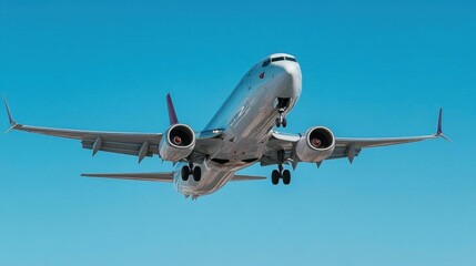 An airplane in flight against a clear blue sky.