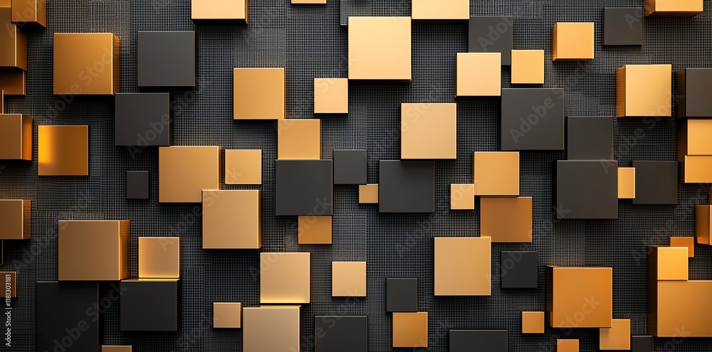 Poster this abstract background features a captivating arrangement of golden and black cubes, creating a vi