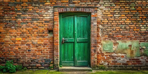 Rustic cottage charm: a weathered green door graces an old brick wall.