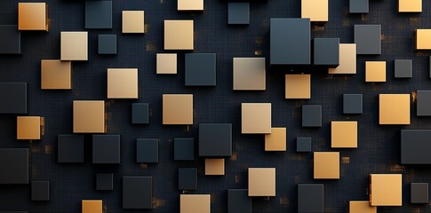 An abstract pattern of 3D cubes in varying sizes, featuring a combination of matte black and metallic gold textures, creating a modern and stylish visual for design projects.