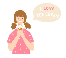 Young happy girl holding ice cream cone with speech bubble 