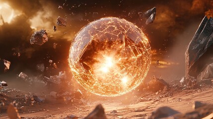 **A floating crystalline orb splitting apart in fractal patterns