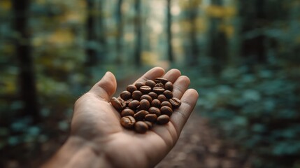 Hand holding unique, small Bourbon Pointu coffee beans, known for their delicate flavor, with a blurred forest background to emphasize their exclusivity