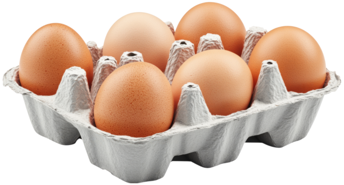 An open egg box containing ten brown eggs is isolated on a white background	
