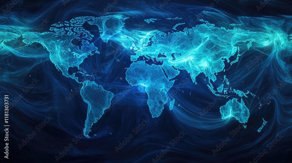 Poster Captivating abstract digital graphic showcasing data visualization with a world map and line chart representing financial trends and market indicators in blue and vibrant