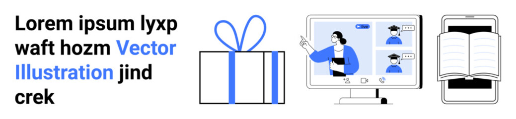 Businesswoman on video call, smartphone with open book, and a gift box with a bow. Ideal for remote work, e-learning, online communication, digital reading, gift services, virtual events and online