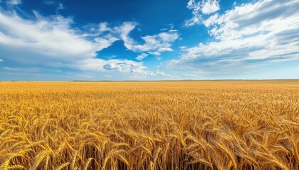 A vast golden wheat field under a bright blue sky with clouds.