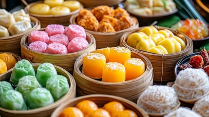 Colorful Asian Steamed Desserts Display
