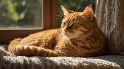 Obraz premium Orange Tabby Cat Relaxing by Sunlit Window