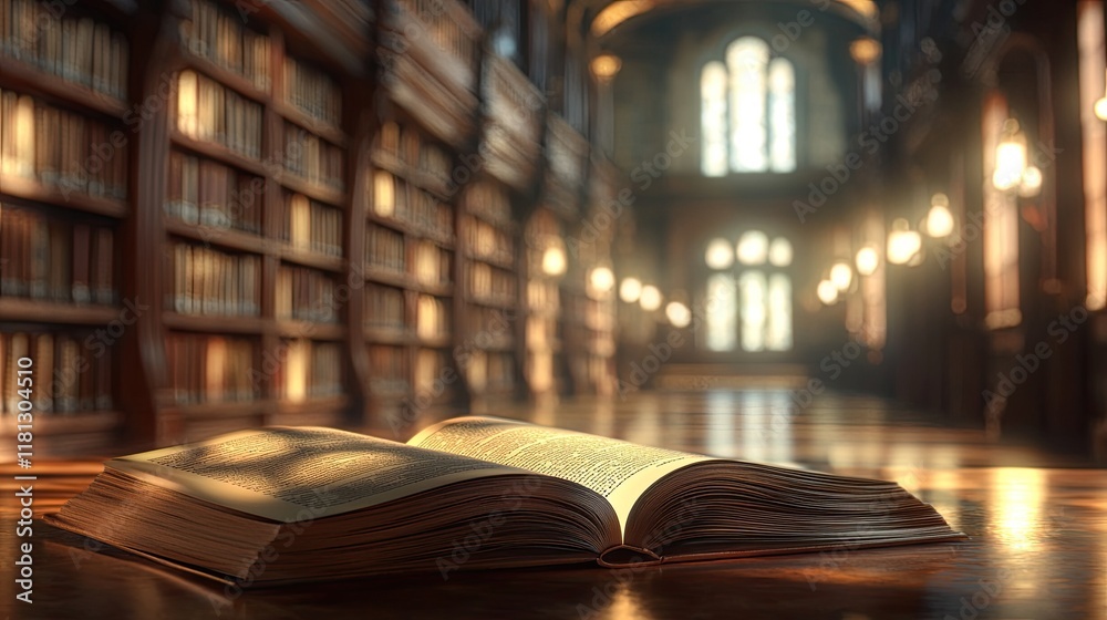 Poster an open book rests on a table, surrounded by a softly blurred background of library shelves. the ima