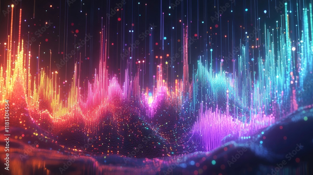 Aufkleber Explore the captivating abstract representation of sound waves, featuring colorful lines and glowing points creating a rhythmic and dynamic visual experience.