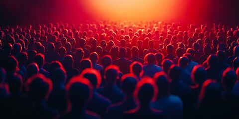 Group, people and seminar in arena, crowd and connection. Silhouette, businesspeople and public networking with communication, community and human interaction for culture and future, Generative AI
