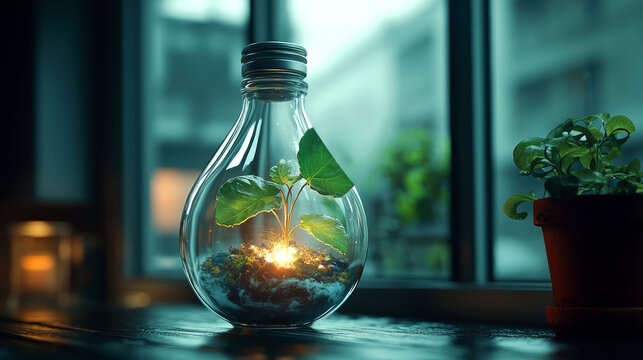 A Glowing Seed of Life: A captivating image of a plant thriving in a repurposed lightbulb terrarium, symbolizing growth, hope, and environmental consciousness.