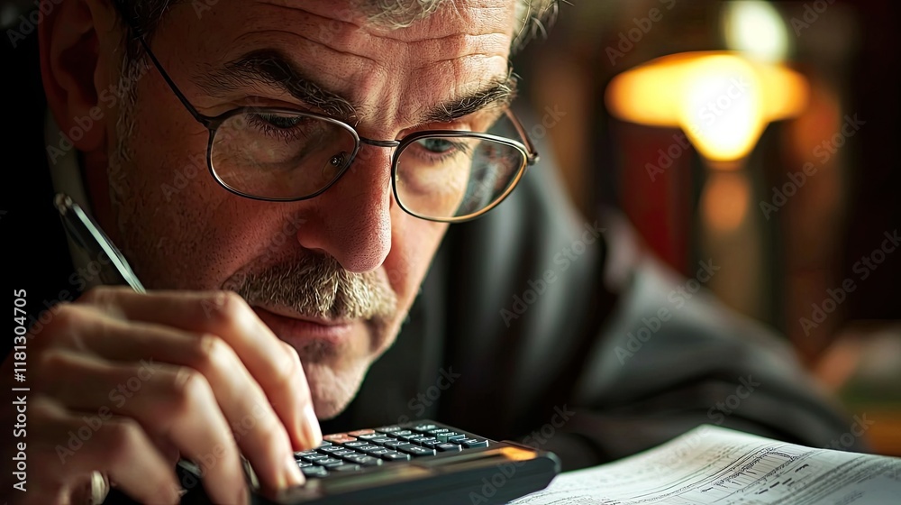 Aufkleber A close-up view of a business professional focusing on a calculator while analyzing financial documents in an organized workspace, enhancing productivity and accuracy.