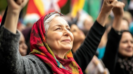 Fototapeta premium Older woman, red headscarf, protest, raised fists, hope.