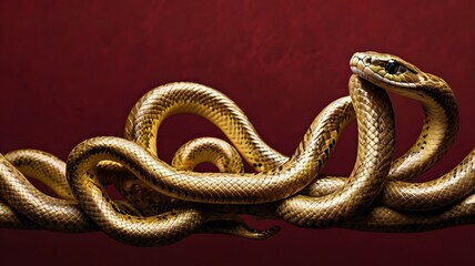 Obraz premium Golden Serpent Coiled on Red Background