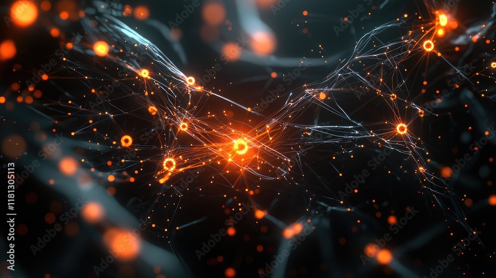 Leinwandbilder A visually striking abstract depiction of a network structure featuring glowing nodes and lines on a dark background, symbolizing data connections and technological advan