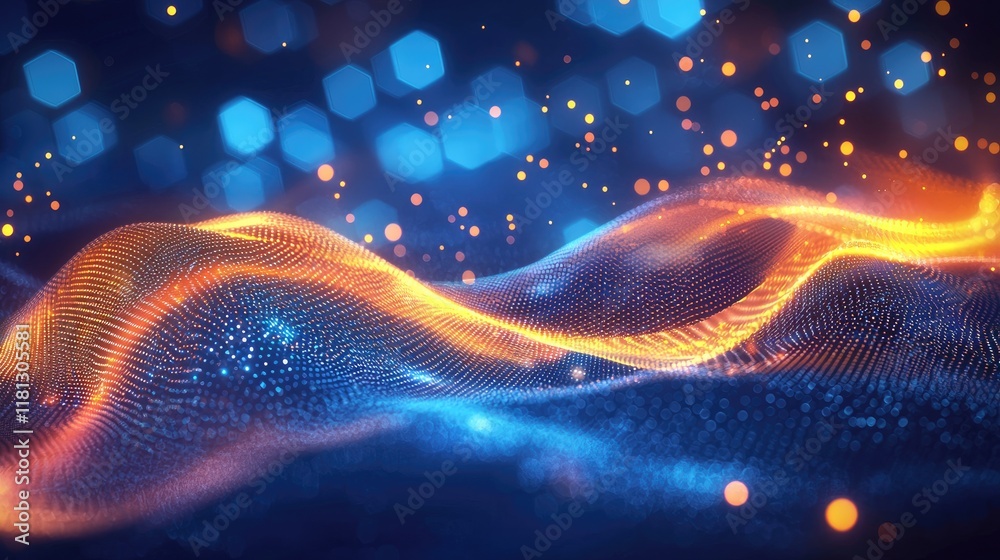 Poster A captivating abstract background featuring hexagonal shapes and flowing lines illuminated by bright effects against a deep blue backdrop. Ideal for various digital proje