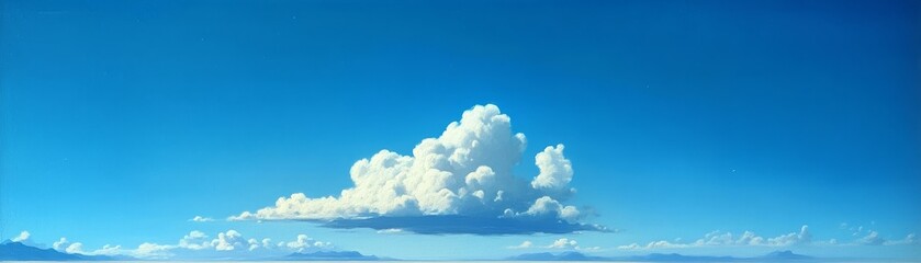 Serene Blue Sky with Fluffy White Cloud over Mountain Tops