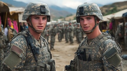 Fototapeta premium Two Young Soldiers in Military Uniforms Stand Proudly in a Camp Surrounded by Fellow Service Members, Showcasing Camaraderie and Commitment to Duty in a Beautiful Natural Setting